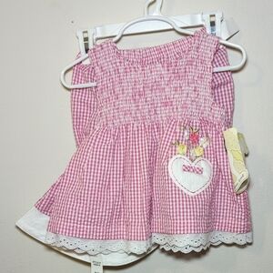 Little Bitty Pink Gingham 3-Piece Set - Shirred Dress, Hat, Bloomers - Size 12m